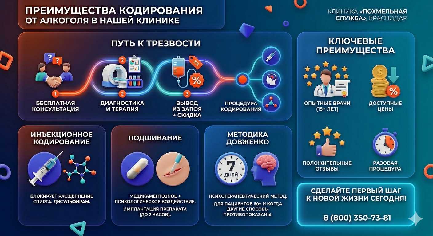 Инфографика о методах кодирования от алкоголя в Партизанске: инъекции, подшивание, метод Довженко. Преимущества клиники и этапы лечения.